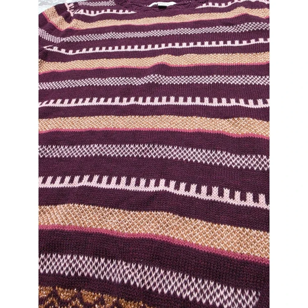 LOFT Scalloped Metallic Sweater Women's XS Burgundy Gold Striped